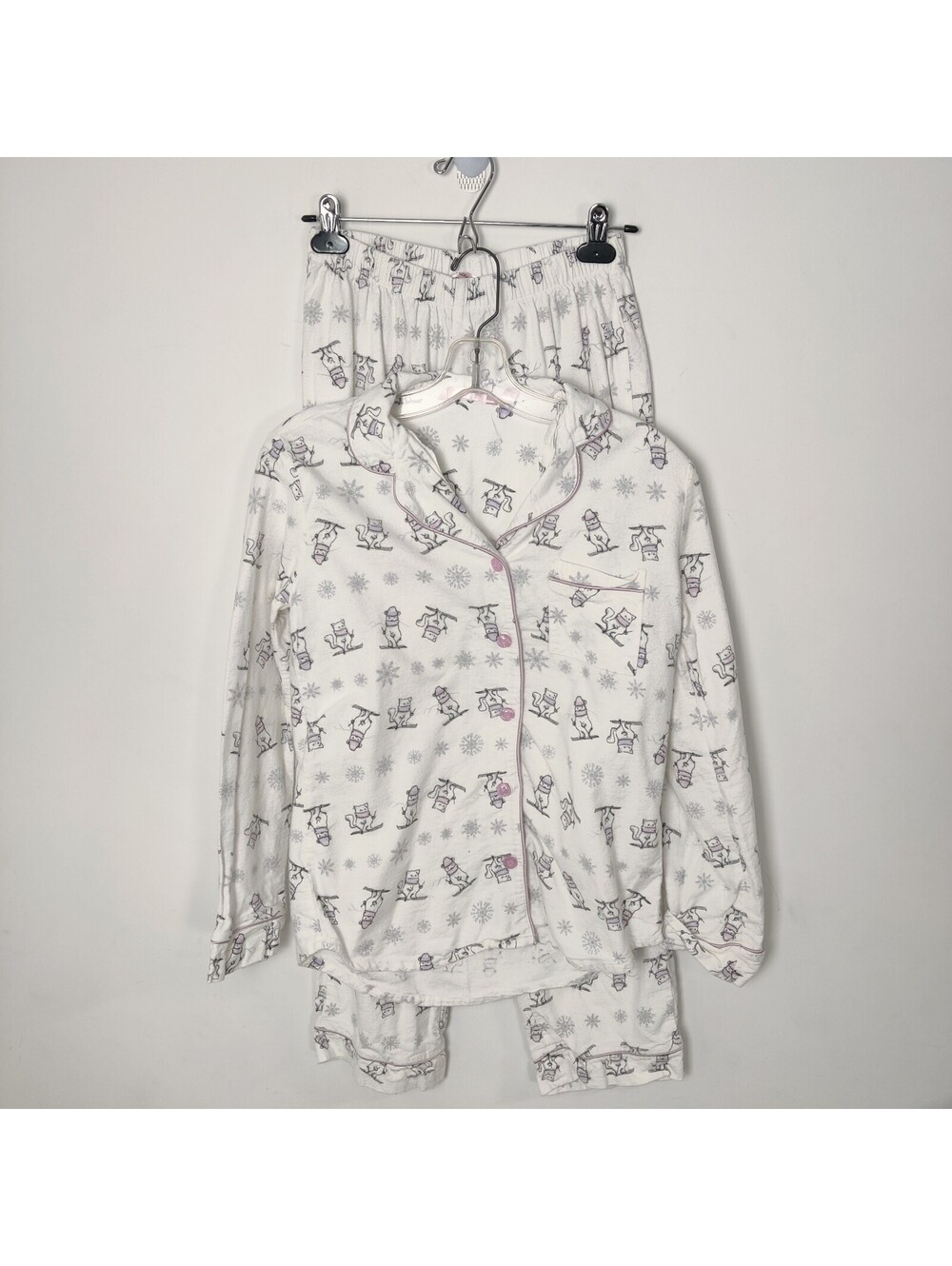 La Vie en Rose White Cotton Flannel Pajama Set Winter Cats Snowflakes XS/TP